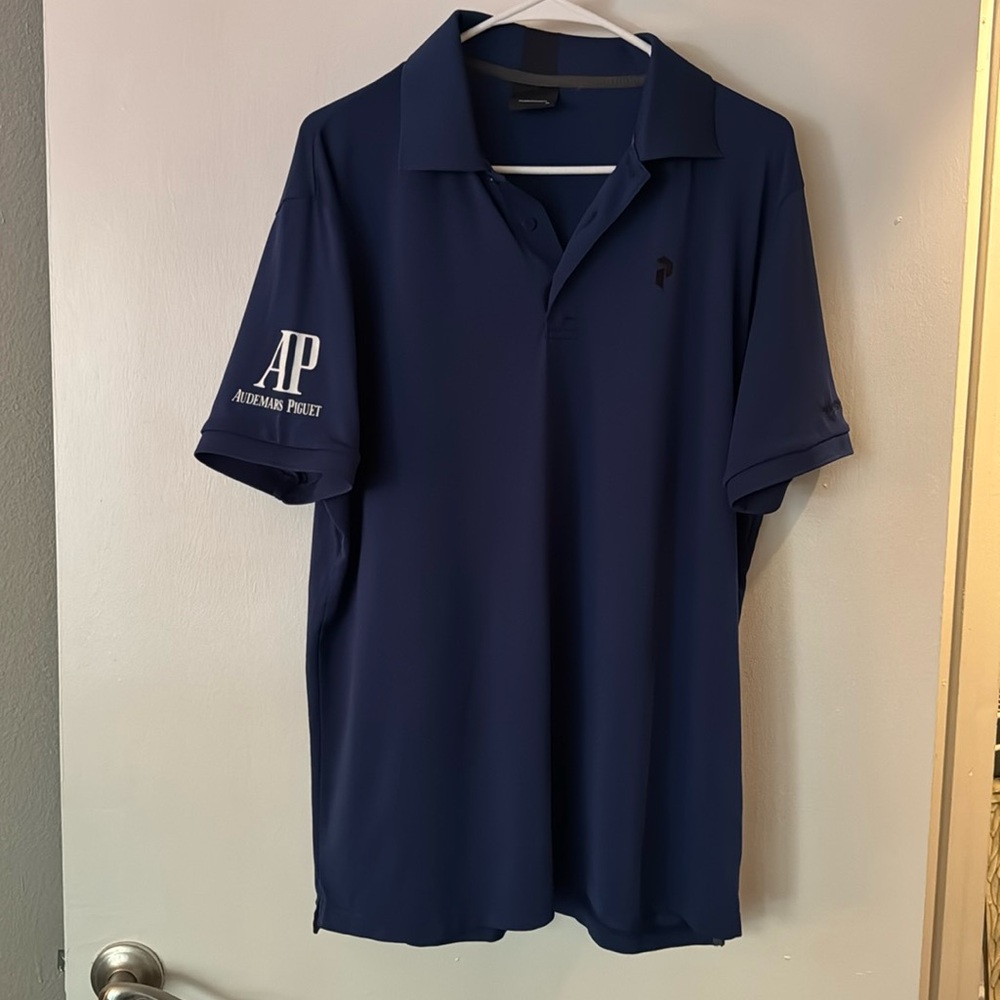 Audemars Piguet branded navy blue Peak Performance golf athletic polo shirt XL